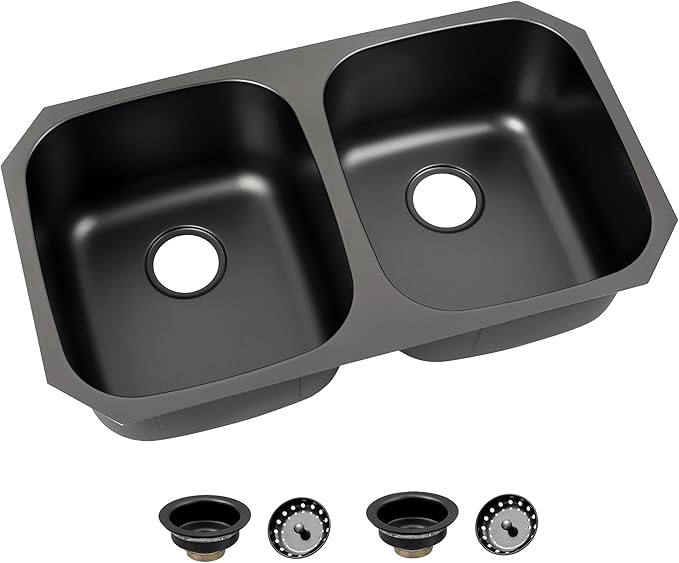 LQS 32 Inch Black Kitchen Sink, Double Bowl Kitchen Sink, Undermount Kitchen Sink Stainless Steel, Black Oval Kitchen Sink with Sleek Roun Corner for Easy Cleaning and Two Sink Strainers