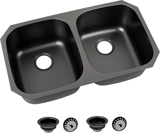 LQS 32 Inch Black Kitchen Sink, Double Bowl Kitchen Sink, Undermount Kitchen Sink Stainless Steel, Black Oval Kitchen Sink with Sleek Roun Corner for Easy Cleaning and Two Sink Strainers