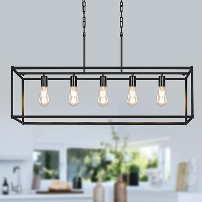 5-Light Rustic Farmhouse Chandelier, Rectangular Metal Kitchen Island Pendant Lighting Fixtures, Black Industrial Linear Hanging Light for Dining Room, Entryway, Foyer, Bar, Living Room