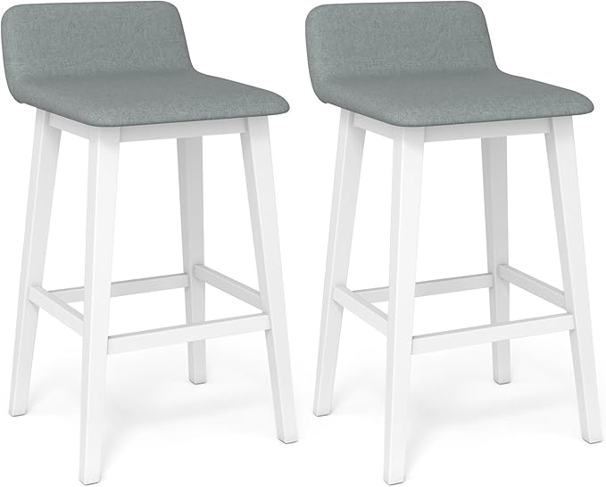 Giantex 29" Bar Stools Set of 2, Upholstered Bar Height Barstools with Low Back, Footrest, Armless Wood Bar Chairs for Kitchen Island, Dining Room, White & Gray