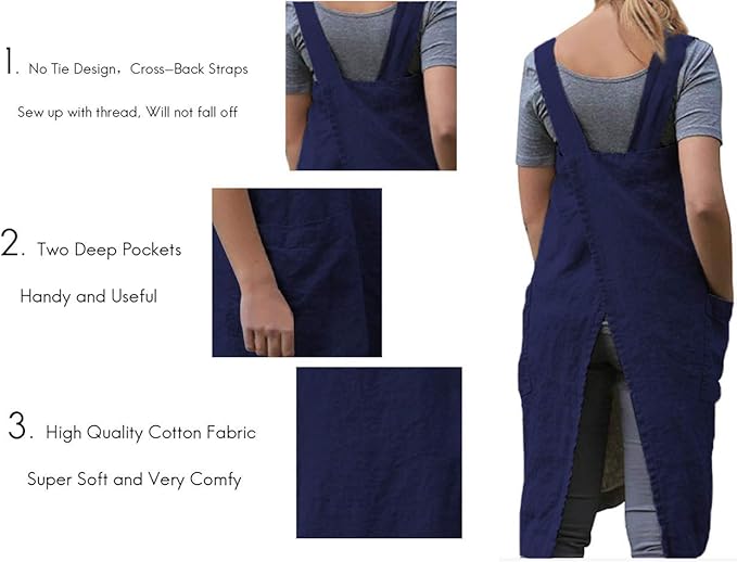 Larmliss Women's Pinafore Square Apron Baking Cooking Gardening Works Cross Back Cotton/Linen Blend Dress with 2 Pockets