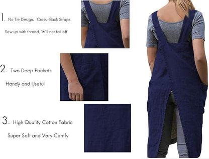 Larmliss Women's Pinafore Square Apron Baking Cooking Gardening Works Cross Back Cotton/Linen Blend Dress with 2 Pockets
