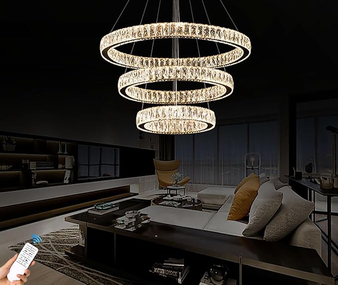3 Rings Crystal Chandeliers 32"+24"+16" Crystal Ceiling Light Fixture Pendant Lighting Hanging Lamp for Living Room LED Dimmable 3000-6000K