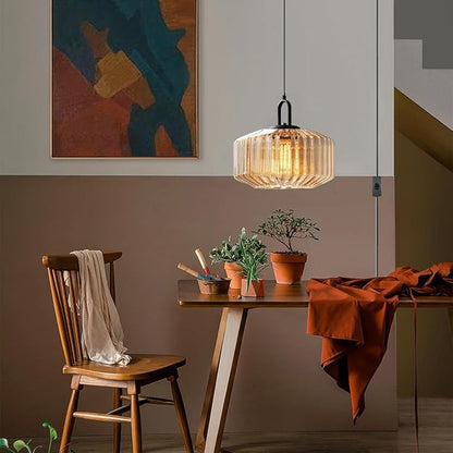 Plug in Pendant Lights Amber Glass Lampshade Large Globe Hanging Lamp Kitchen Island Mid Century Hanging Lamp with 14.7 ft Plug in Cord Swag Style Plug in Light Fixture for Living Room