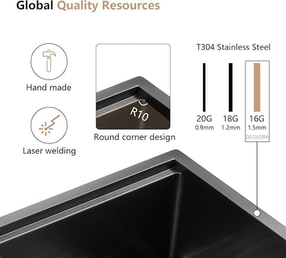 Dcolora 33" Black Undermount Kitchen Sink Workstation NANO-PVD Kitchen Sinks with Ledge Round Corner 16 Gauge Stainless Steel Single Bowl Basin, Gunmetal Black 33"x19’x10", DC-U7706