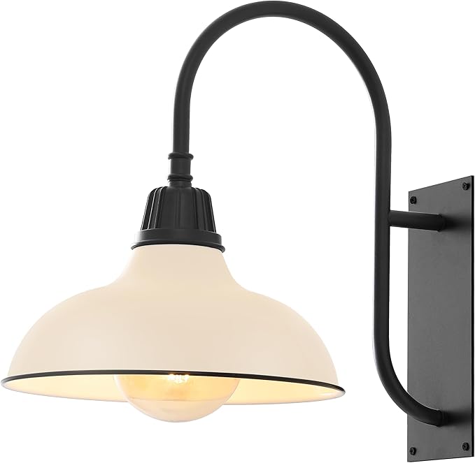 JONATHAN Y 12.25" Matte Almond/Black 1-Light Farmhouse Gooseneck Outdoor Wall Sconce Lamp, with Black Metal Bowl Shade, Industrial Iron LED Porch Light for Patio Garage Entryway (JYL7614J)