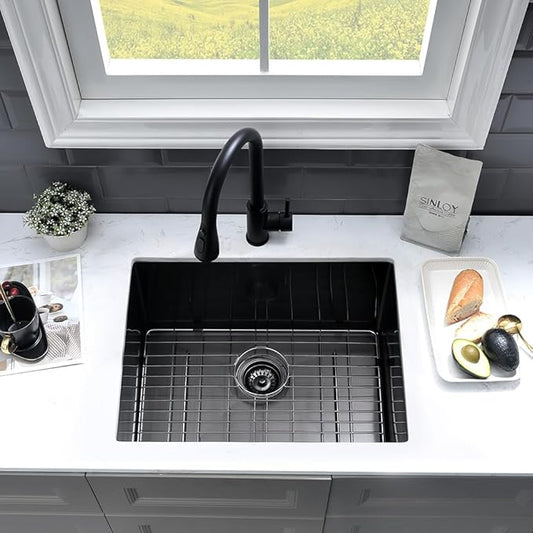 24 Inch Black Laundry Sink Undermount-VASOYO 24x19x13 Black Stainless Steel Laundry Utility Sink Undermount 16 Gauge Single Bowl Deep Kitchen Sinks Laundry Room Utility Sinks with Bottom Grid