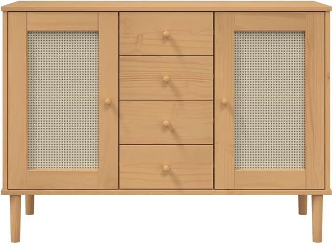 Brown Solid Pine Wood Sideboard, Engineered Wood Rattan Look Buffet Cabinet with 4 Drawers, 2 Sliding Doors, 44.1" Wide for Living Room, Dining Room Kitchen Furniture