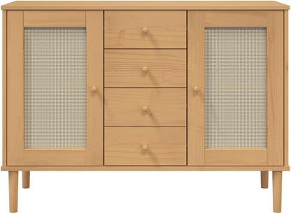 Brown Solid Pine Wood Sideboard, Engineered Wood Rattan Look Buffet Cabinet with 4 Drawers, 2 Sliding Doors, 44.1" Wide for Living Room, Dining Room Kitchen Furniture