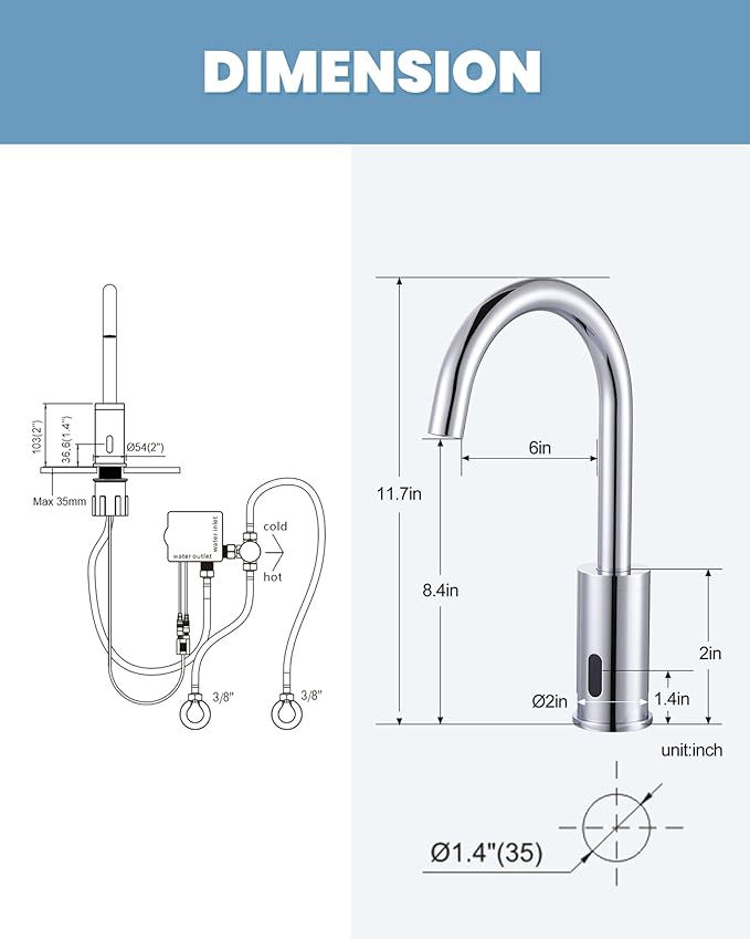 Touchless Motion Sensor Bathroom Faucet, Tall Automatic Bathroom Sink Faucet with Deck Plate, Control Box and Temperature Mixer for Vanity with Deck Plate, Chrome