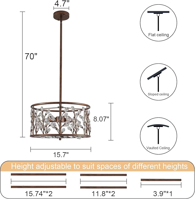 Vintage Crystal Round Chandelier, 15.7" Drum Chandeliers for Dining Room, 3-Lights Kitchen Chandelier Over Table, Hanging Pendant Light Fixture for Entryway Living Room