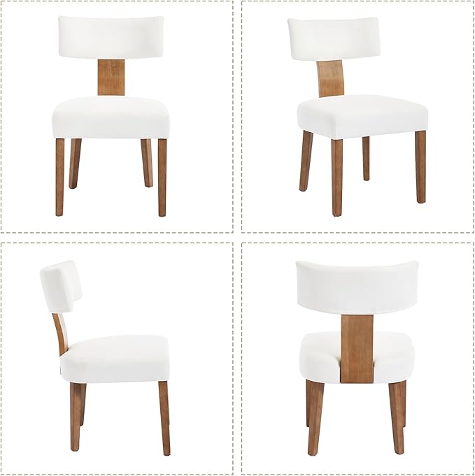 Mid Century Modern Dining Chairs, Upholstered Linen Fabric Chairs with Curved Backrest and Wood Legs, Comfy Kitchen Vanity Chairs for Dining Room/Living Room/Kitchen, Set of 6 Cream