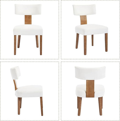 Mid Century Modern Dining Chairs, Upholstered Linen Fabric Chairs with Curved Backrest and Wood Legs, Comfy Kitchen Vanity Chair for Dining Room/Living Room/Kitchen, Set of 2 Cream