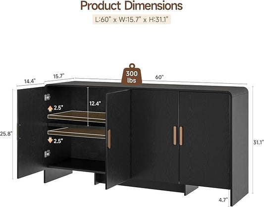 ONBRILL 60" Sideboard Buffet Cabinet with Storage, Curved Design Farmhouse Modern Coffee Bar Cabinet with 4 Doors & Adjustable Shelves for Living Room, Kitchen, Hallway, Black