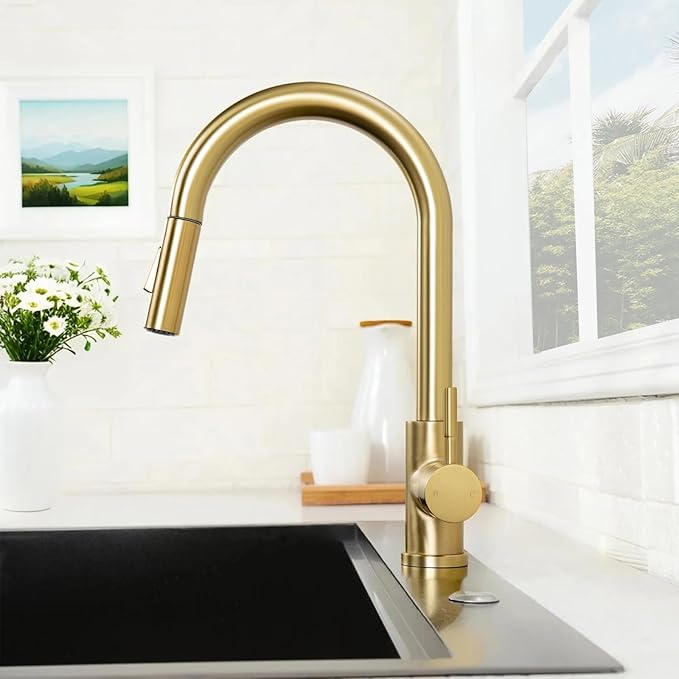 Hotis Gold Kitchen Faucet with Pull Down Sprayer, High Arc Stainless Steel Sink Faucet, Brushed Gold Bar Faucet Fit for 1 Hole Sink, Easy Install for Kitchen Farmhouse RV, HT-KBD101G