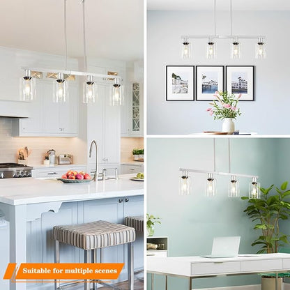 Brushed Nickel 4-Light Kitchen Island Lighting, Adjustable Island Lights for Kitchen with Clear Glass Shades - Kitchen Pendant Lighting over Sink, Farmhouse Chandelier for Dining Tables & Bars