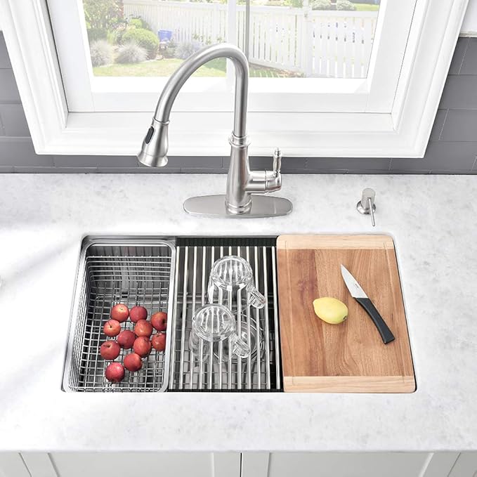 Stainless Kitchen Sink Undermount-VASOYO 33 Inch Undermount Kitchen Sink Workstation Sinks 16 Gauge Stainless Steel Single Bowl Deep Under Mount Sinks with Cutting Board