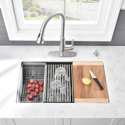 Stainless Kitchen Sink Undermount-VASOYO 33 Inch Undermount Kitchen Sink Workstation Sinks 16 Gauge Stainless Steel Single Bowl Deep Under Mount Sinks with Cutting Board