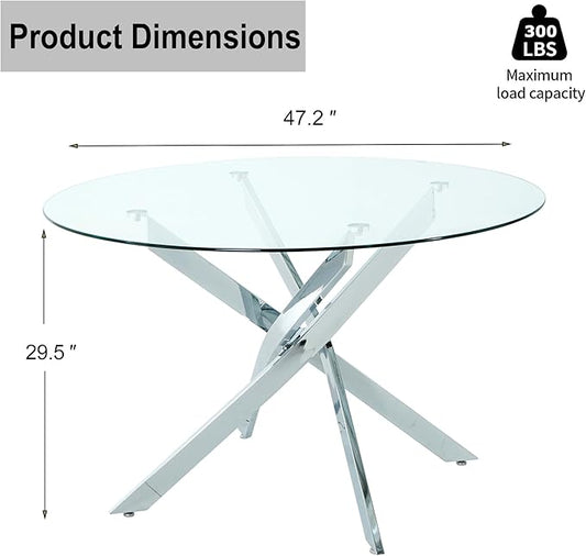 47" Modern Minimalist Round Glass Dining Table,4-Person Luxury Table with Tempered Glass Top & Adjustable Chrome Legs for Dining Room, Kitchen & Living Room(Silver)