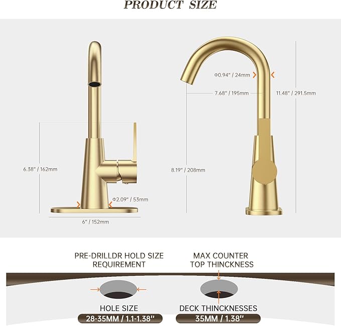 Phiestina Brushed Gold Single-Handle 4 Inch Bathroom Sink Faucet with Deck Plate and Supply Hoses, Bar Sink Faucet/Pre-Kitchen Sink Faucet with 360 Degree Rotation Spout, WE10-BG