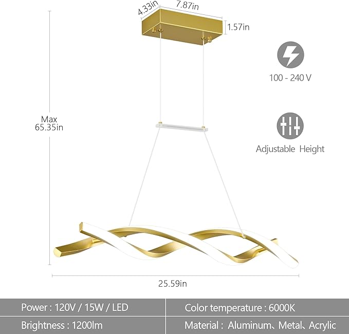 Modern Kitchen Pendant Light Over Island Gold LED Pendant Lights 6000K Adjustable Hanging Light Fixture Wave Shape Chandelier for Dining Room Kitchen Island Restaurant Living Room