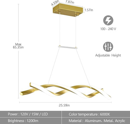 Modern Kitchen Pendant Light Over Island Gold LED Pendant Lights 6000K Adjustable Hanging Light Fixture Wave Shape Chandelier for Dining Room Kitchen Island Restaurant Living Room