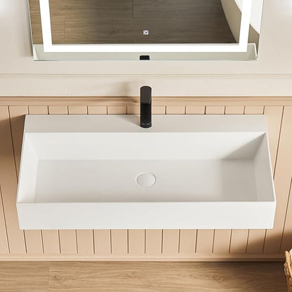 Cpingao 30"x18" Wall Mount Rectangle Vessel Sink with Pre-drilled Hole, Matte White Stone Resin Bathroom Basin, Solid Surface Vanity Sink