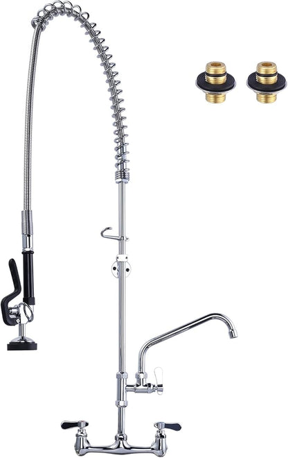 47" Height Commercial Kitchen Sink Faucet with Pre-Rinse Sprayer, 8 Inch Wall Mount Center Sink Faucet with Pull Down Spray Unit, Compartment Sink Faucet with 10" Swivel Spout for Restaurant