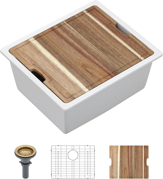 21 Inch White Undermount Bar Sink 21x18 Undermount Bar Sink Mini Wet Bar White Quartz Granite Composite Small Kitchen RV Sinks Single Bowl Outdoor Island Basin with Cutting Board