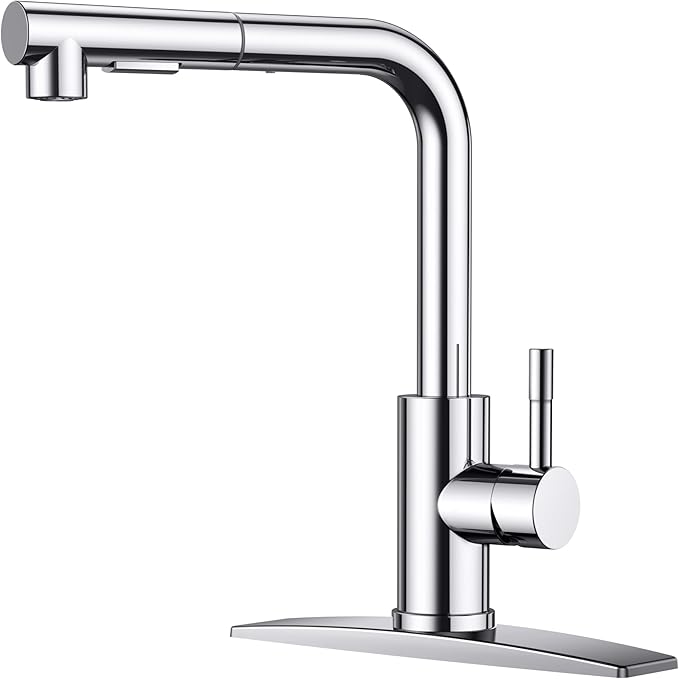 FORIOUS Kitchen Faucets with Pull Down Sprayer, Chrome Stainless Steel Single Handle Classic Pull Out Sink Faucet for Farmhouse Laundry RV Bar, with Deck Plate for 1 or 3 Holes