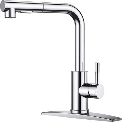 FORIOUS Kitchen Faucets with Pull Down Sprayer, Chrome Stainless Steel Single Handle Classic Pull Out Sink Faucet for Farmhouse Laundry RV Bar, with Deck Plate for 1 or 3 Holes