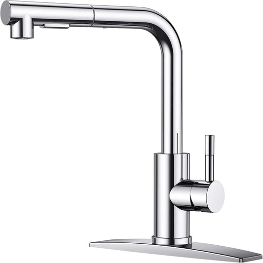 FORIOUS Kitchen Faucets with Pull Down Sprayer, Chrome Stainless Steel Single Handle Classic Pull Out Sink Faucet for Farmhouse Laundry RV Bar, with Deck Plate for 1 or 3 Holes