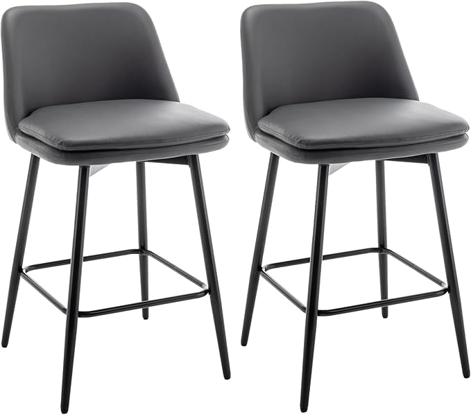 Counter Height Swivel Bar Stools Set of 2, 360° Swivel Upholstered Barstools with Back and Metal Legs, 25.6" Seat Height,Counter Stools for Kitchen Island and Pub,Faux Leather,Grey,for Living Room
