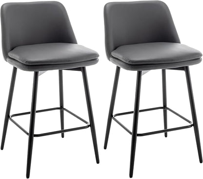 Counter Height Swivel Bar Stools Set of 2, 360° Swivel Upholstered Barstools with Back and Metal Legs, 25.6" Seat Height,Counter Stools for Kitchen Island and Pub,Faux Leather,Grey,for Living Room
