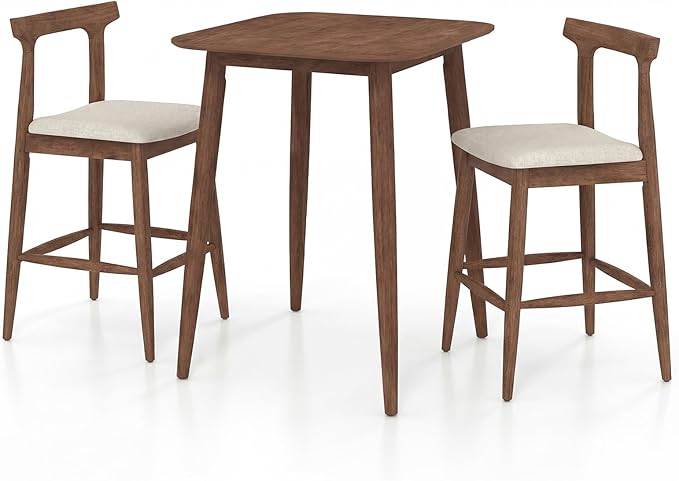 COSTWAY 3-Piece Solid Rubberwood Counter Height Farmhouse Dining Set – 36" Pedestal Table with Rounded Edges & 2 Upholstered 24" Bar Stools with Backrest and Footrest, Walnut Finish