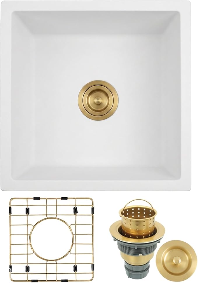 Kitsitchen 15 Inch Small White Bar Sink, Undermount Bar Sink Granite Composite Kitchen Sink 15" x 15", Quartz Stone Kitchen Sink with a Gold Sink Drain Strainer & a Gold Sink Bottom Grid