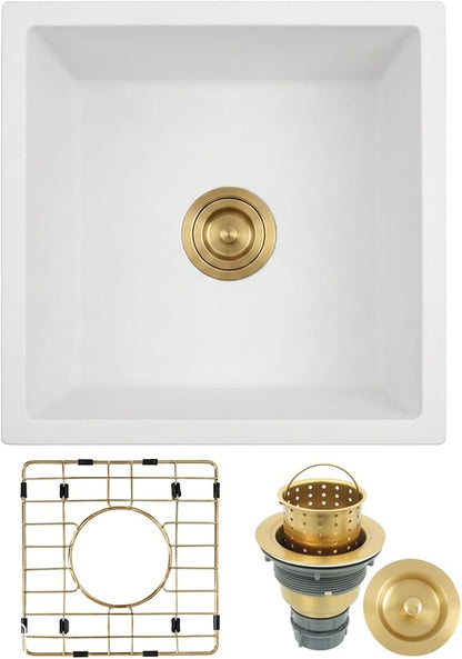 Kitsitchen 15 Inch Small White Bar Sink, Undermount Bar Sink Granite Composite Kitchen Sink 15" x 15", Quartz Stone Kitchen Sink with a Gold Sink Drain Strainer & a Gold Sink Bottom Grid