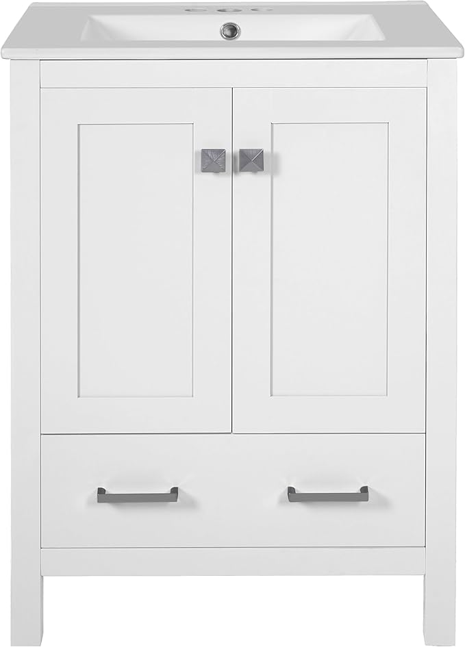 Favfurish 24" Modern Bathroom Vanity with Ceramic Sink, Freestanding Storage Cabinet w/2 Soft-Close Doors & 1 Drawer, Double-Layer Door Shelf, Solid Wood Frame for Small Bathrooms, Easy Assembly,White