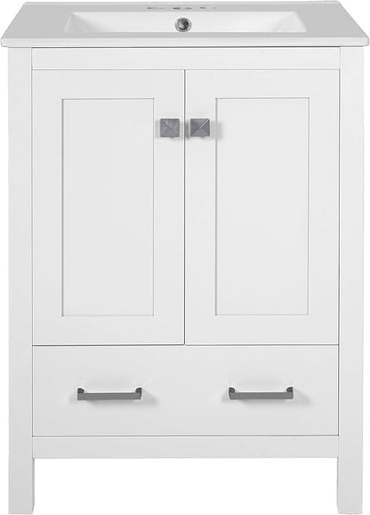 Favfurish 24" Modern Bathroom Vanity with Ceramic Sink, Freestanding Storage Cabinet w/2 Soft-Close Doors & 1 Drawer, Double-Layer Door Shelf, Solid Wood Frame for Small Bathrooms, Easy Assembly,White