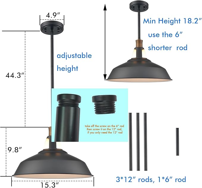 CLAXY Rod Pendant Light Black Barn Farmhouse Pendant Lighting Dimmable Kitchen Hanging Pendant Light Fixture-15.3"