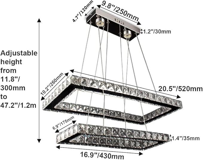 Finktonglan Modern Crystal Chandelier, Rectangular Double Ring LED Pendant Light, 6000K Cool White Non-Dimmable, Height Adjustable Hanging Light Fixture for Dining Room Living Room Bedroom