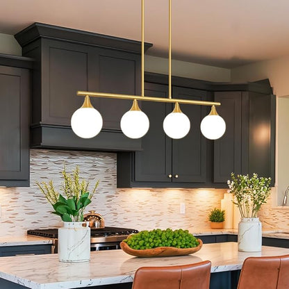 4-Light Kitchen Island Lighting, Brushed Gold Island Lights for Kitchen Adjustable Height Rods Dining Room Light Fixture over Table with White Glass Shades, Linear Chandelier for Bar Counter, G9 Base