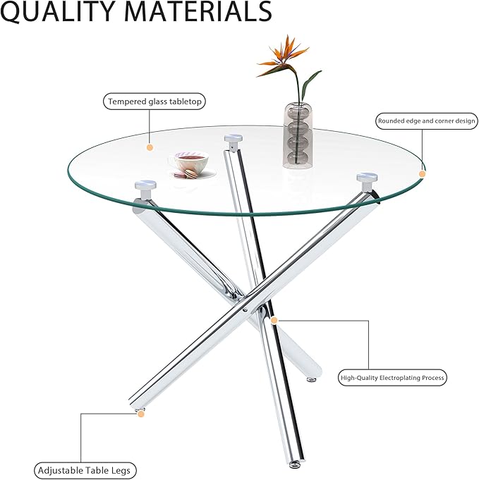 Pvillez 36“ Round Dining Table for 4, Contemporary Tempered Glass Dining Table, Small Dinner Table with Silver Cross Metal Base, Round Clear Kitchen Table Writing Desk for Dining Kitchen