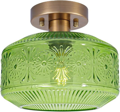 Semi Flush Mount Ceiling Light, Vintage Small Ceiling Light Fixture, Thickened Glass Hallway Light Fixture, Brass Kitchen Ceiling Mount Lamp with Green Glass for Entry Way, Bedroom, Bathroom, Porch
