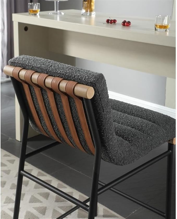 Lilola Home Lahni 18" W Dark Gray Boucle Fabric Counter Height Chair – Contemporary Upholstered Bar Stool with Cognac PU Leather Detail and Fully Assembled Design for Kitchen Dining Room