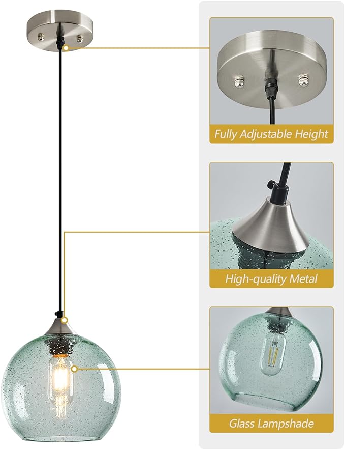 Light Green Glass Pendant Lights Kitchen Island Lighting Globe Pendant Light Fixtures Modern Pendant Lighting for Bedroom Living Dining Room Light Fixture (7.87 in, 3 Pack)