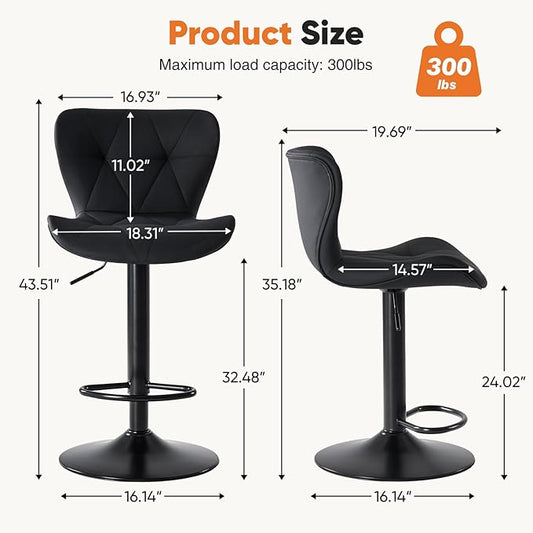 Sweetcrispy Modern Bar Stools Set of 2, Adjustable Faux Leather Upholstered Swivel Bar Stools, Counter Height Bar Chairs with Back for Kitchen Island, Black