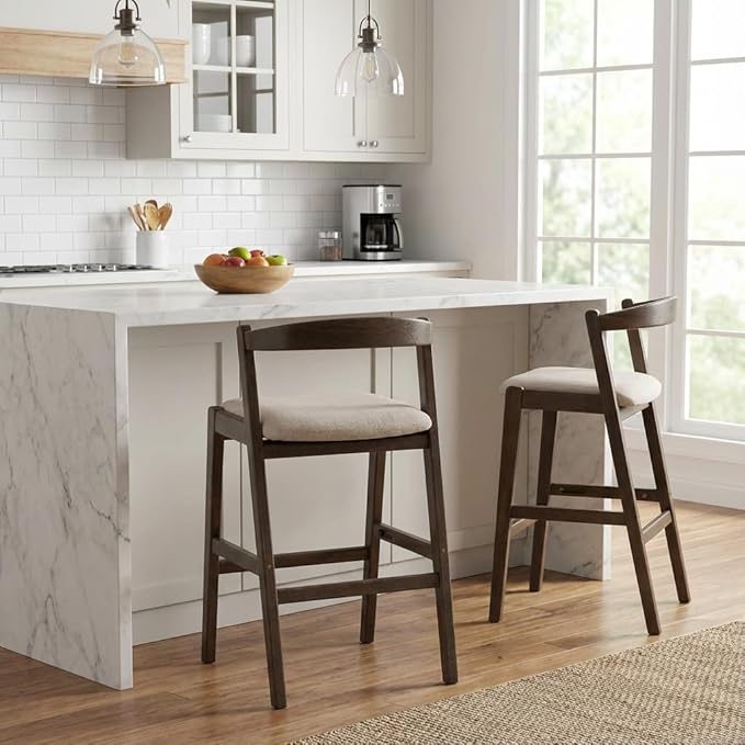 Set of 2 Bar Stools, Solid Rubber Wood Frame with Beige Polyester Cushion, Ergonomic Backrest & Smooth Lines, Modern Kitchen Island Chairs for Dining Room (Dark Brown)