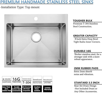 SHACO 25x22 Inch Drop In Kitchen Sink, Top Mount 16 Gauge 304 Stainless Steel 8 Inch Deep Drop In RV Laundry Utility Sink, Brushed Nickel Single Bowl Sink Topmount Overmount Sinks with Drain