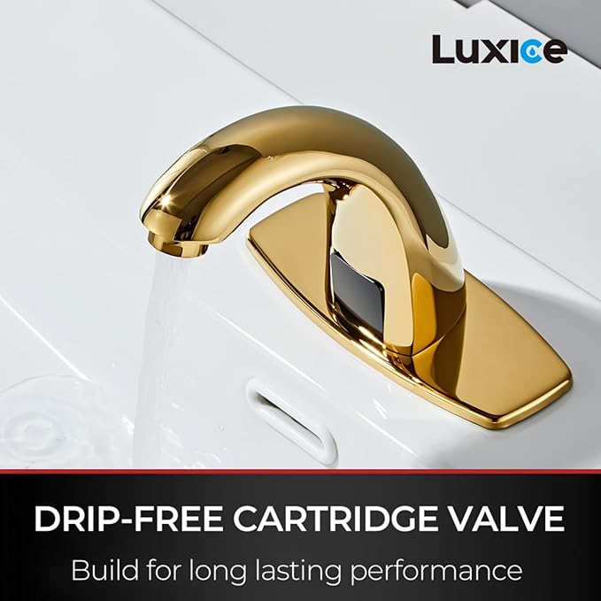 Polish Gold Touchless Bathroom Sink Faucet - Automatic Motion Sensor Battery Opertated with Temperature Mixing Valve for Commercial Lavatory
